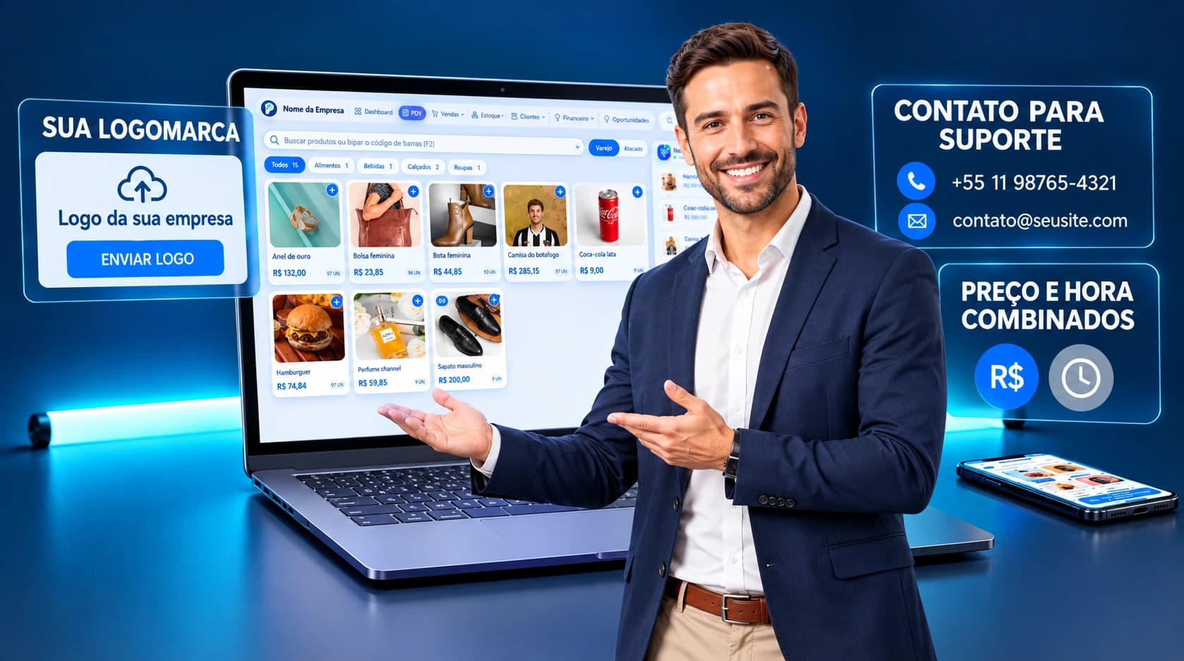 Sistema em uso com a logomarca, o telefone e o e-mail do parceiro na tela, no lugar do contato da desenvolvedora.